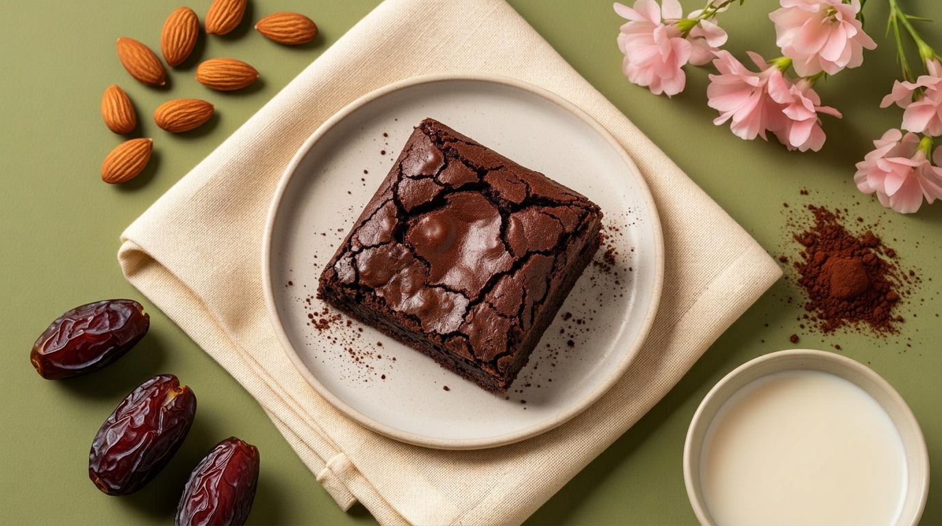 A premium Lumé Crumb brownie plated on cream linen with dates, almonds and cacao